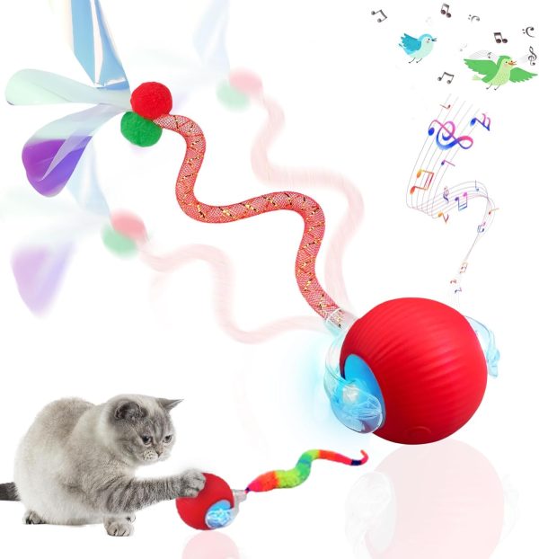 2.0 Cat Toy – 2 Replaceable Tails, Controllable Chirping, Motion Activated Rolling Ball, USB Rechargeable – Enrichment & Exercise for Bored Indoor Cats, Kittens (Red)