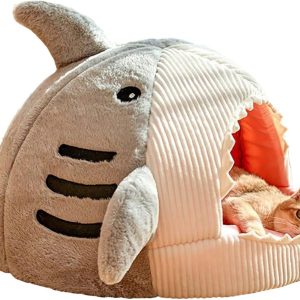 Cat Mat Shark-Shaped Kennel Kitten Bed Hideout House Warm Soft Comfortable Semi-Closed Cat Dog Nest Grey Medium