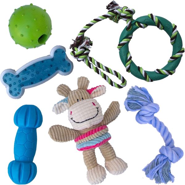 Dog Chew Toy Set for Small to Medium Breeds, Includes All Natural Rubber, Cotton, Ball & Rope Toys, Ideal Puppy Chew Toys for Teething, Reduces Destructive Chewing & Anxiety (Pack of 6)