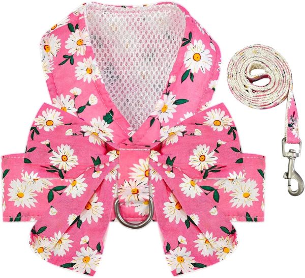 Dog Harness and Leash Set with Bow Knot No Pull Pet Daisy Floral Harness with D-Ring Soft Mesh Dog Harness Vest Set Escape Proof Princess Puppy Harness for Small Girl Dogs Cats（Pink L）